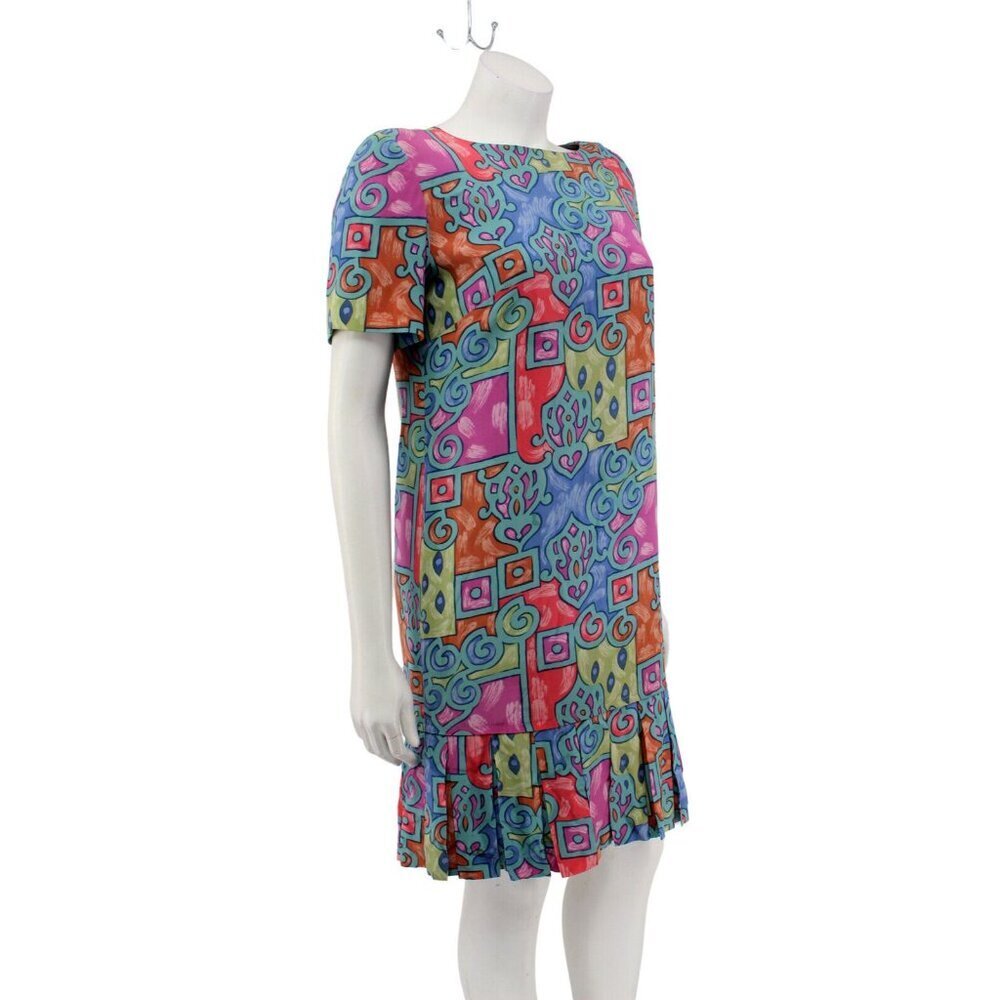 Vintage 80s Liz Claiborne Dress Size 6 Colorful Print Silk Drop Waist Pleat Hem - Picture 2 of 6